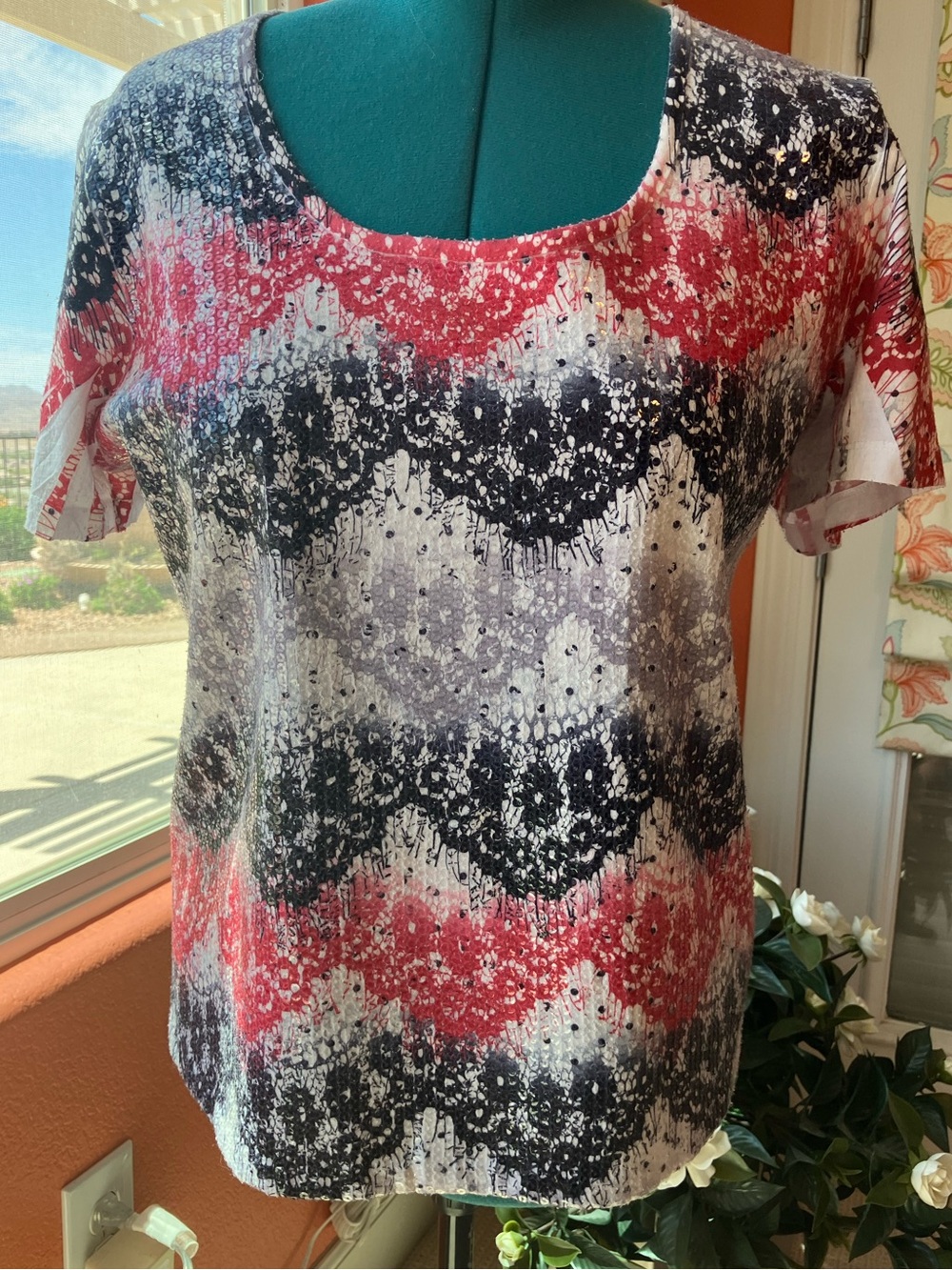 Avenue Short Sleeved Blouse W/ Black,Coral and White Sequined Wavy Pattern 18\20